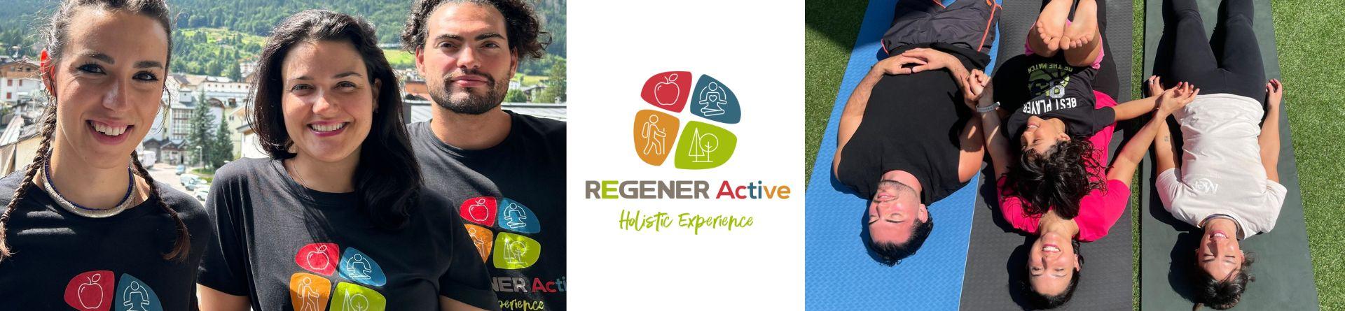 Persone sorridenti con magliette Regener Active, esperienza olistica di benessere e attività fisica all'aperto.